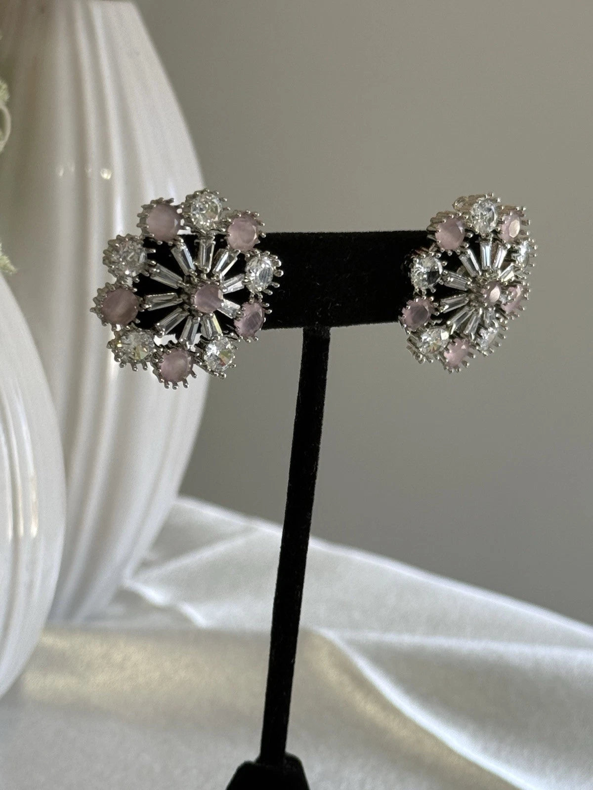 Blush Pink CZ Floral Stud Earrings Silver Tone Party Jewelry