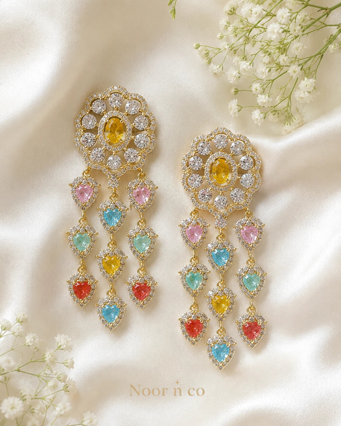 Multicolor Heart CZ Gold Tone Chandelier Earrings Pakistani Indian Jewelry