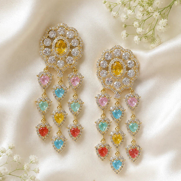 Multicolor Heart CZ Gold Tone Chandelier Earrings Pakistani Indian Jewelry