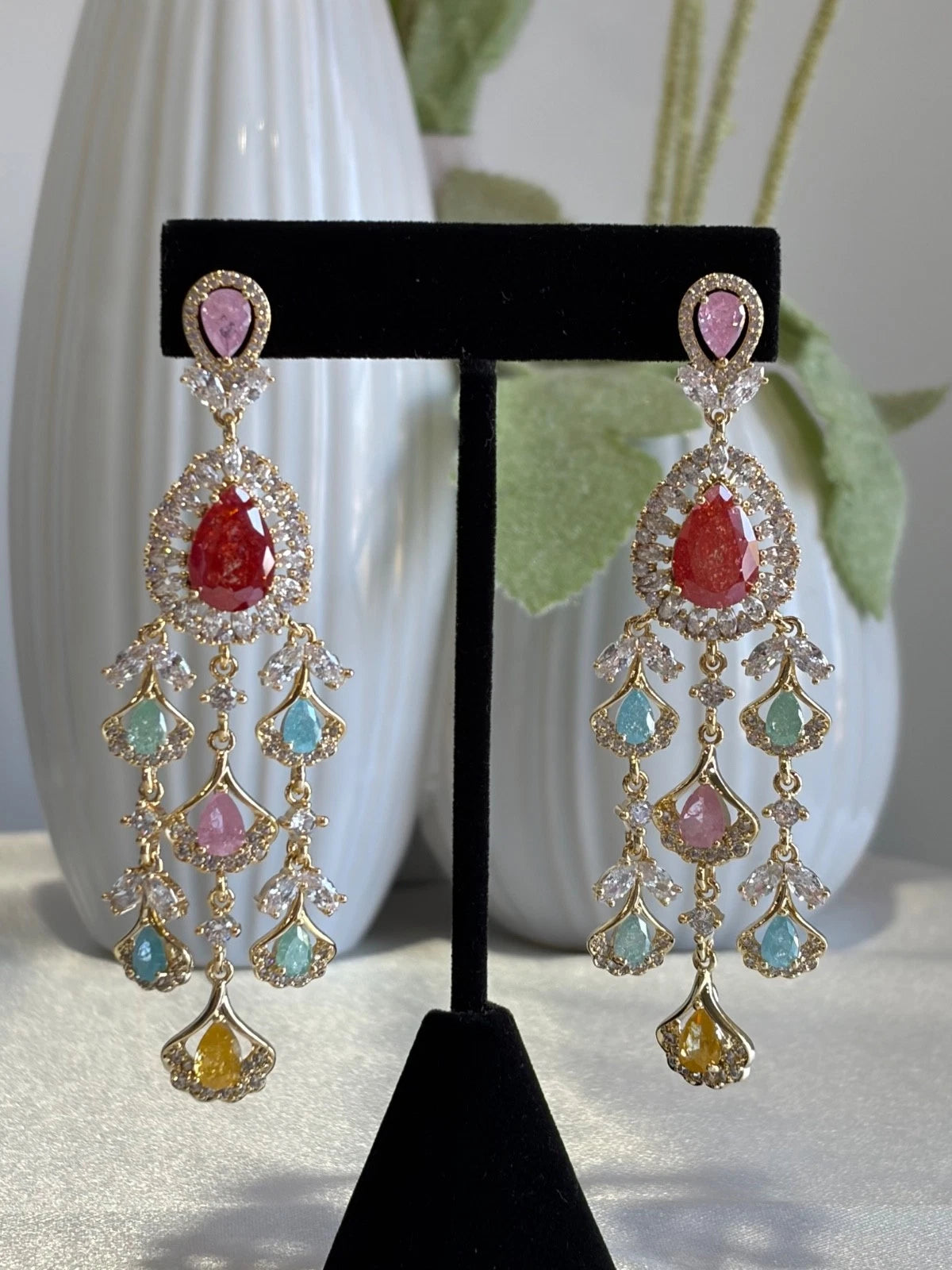 Multicolor CZ Gold Tone Chandelier Earrings Pakistani Indian Bridal Jewelry