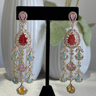 Multicolor CZ Gold Tone Chandelier Earrings Pakistani Indian Bridal Jewelry