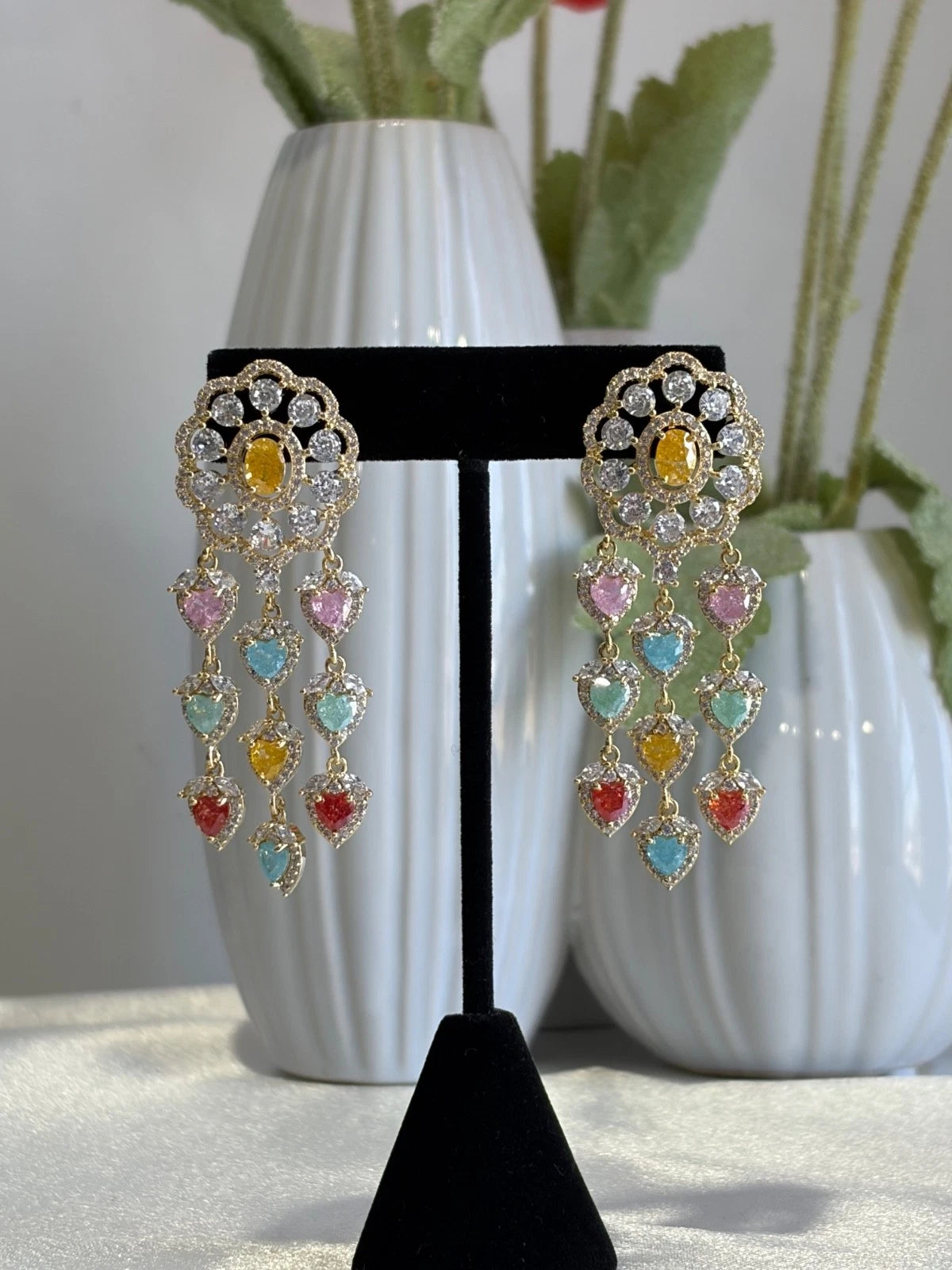 Multicolor Heart CZ Gold Tone Chandelier Earrings Pakistani Indian Jewelry