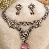 Vintage Inspired Pink- Green Crystal Jewelry Set – Statement Necklace & Earrings