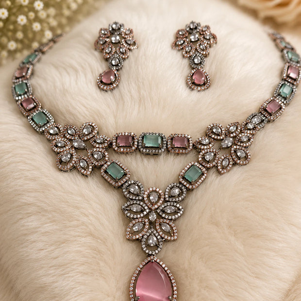 Vintage Inspired Pink- Green Crystal Jewelry Set – Statement Necklace & Earrings