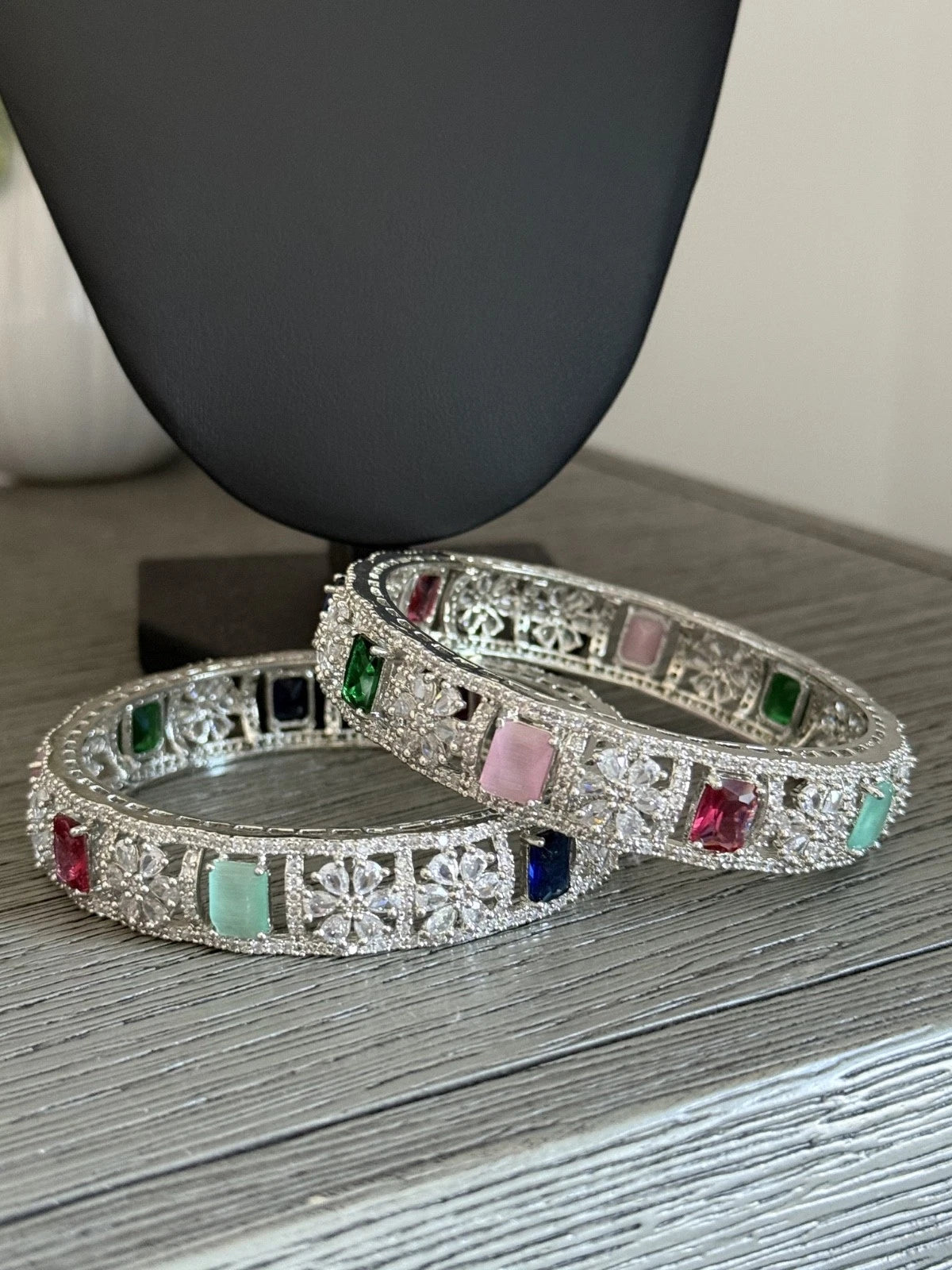 Multicolor CZ Silver Tone Bangle Bracelet Set of 2 Indian Pakistani Jewelry 2.10