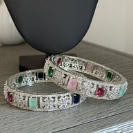 Multicolor CZ Silver Tone Bangle Bracelet Set of 2 Indian Pakistani Jewelry 2.10