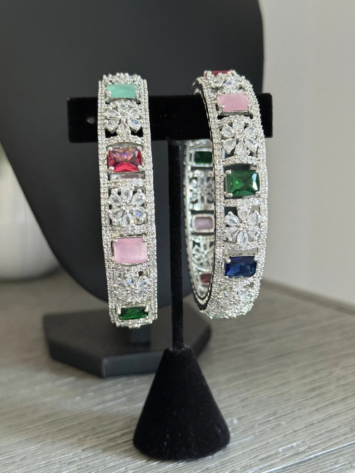 Multicolor CZ Silver Tone Bangle Bracelet Set of 2 Indian Pakistani Jewelry 2.10