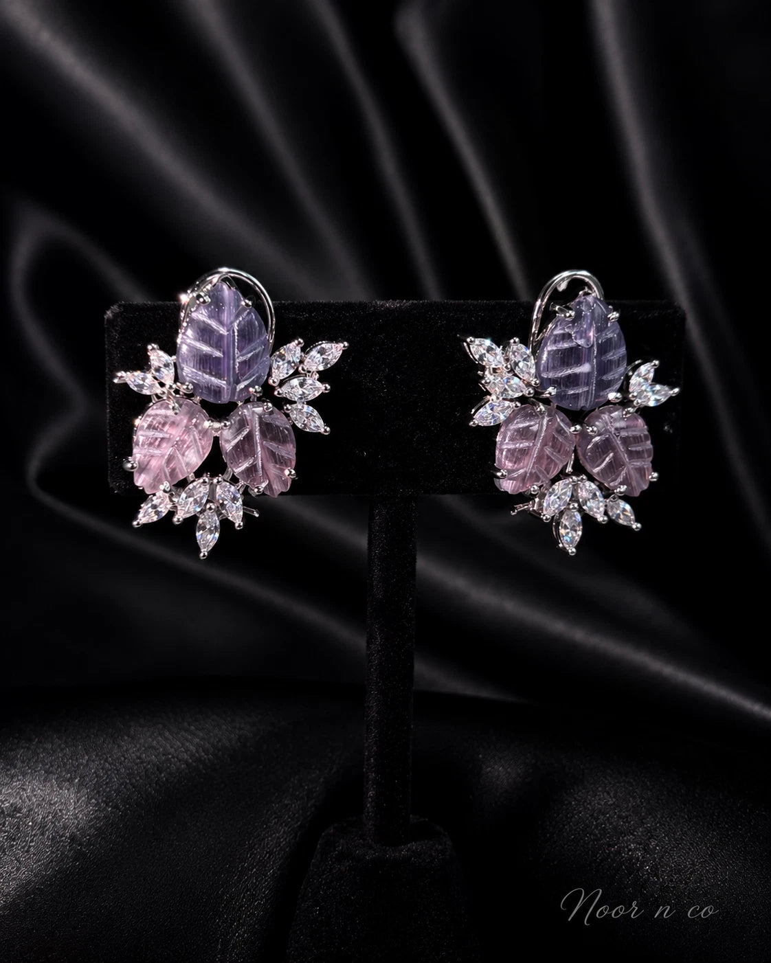 Lavender Pink Leaf CZ Stud Earrings Silver Tone Floral Statement Jewelry