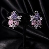 Lavender Pink Leaf CZ Stud Earrings Silver Tone Floral Statement Jewelry
