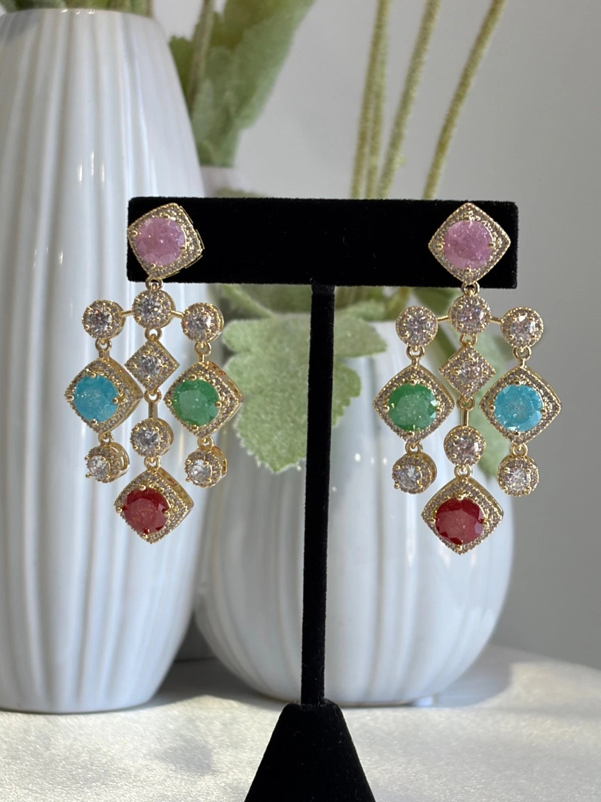 Multicolor CZ Gold Tone Chandelier Earrings Pakistani Indian Statement Jewelry