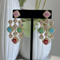 Multicolor CZ Gold Tone Chandelier Earrings Pakistani Indian Statement Jewelry