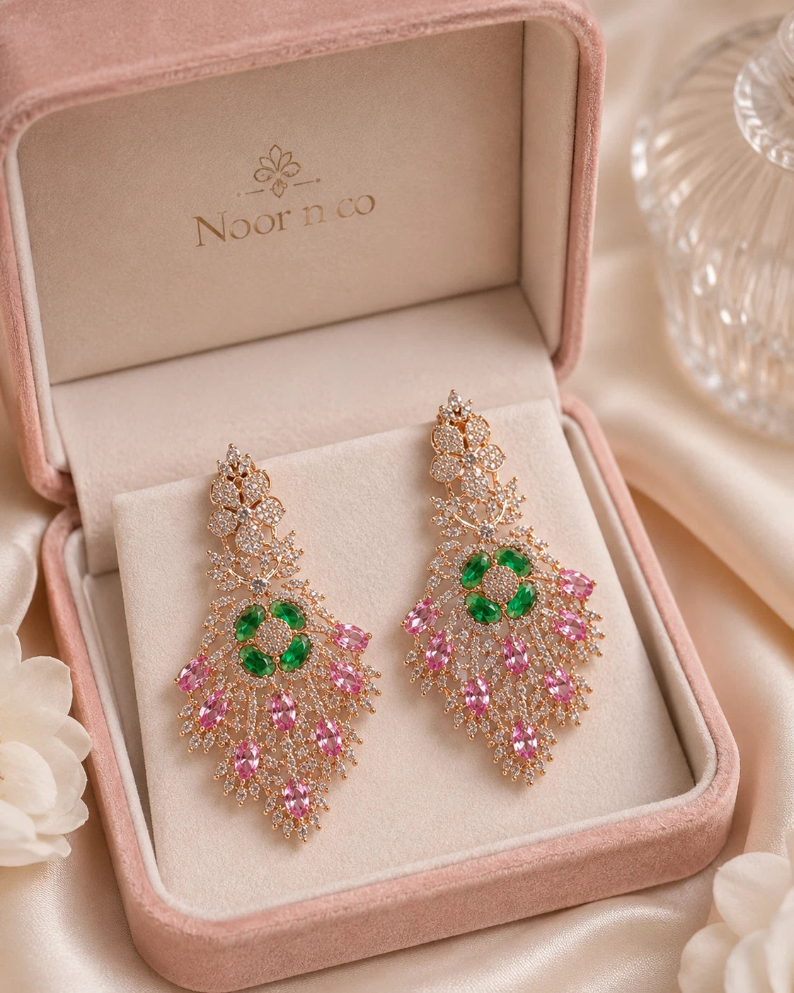 Green Pink CZ Gold Tone Chandelier Earrings Pakistani Indian Bridal Jewelry