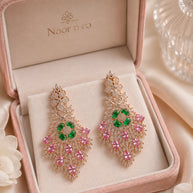 Green Pink CZ Gold Tone Chandelier Earrings Pakistani Indian Bridal Jewelry