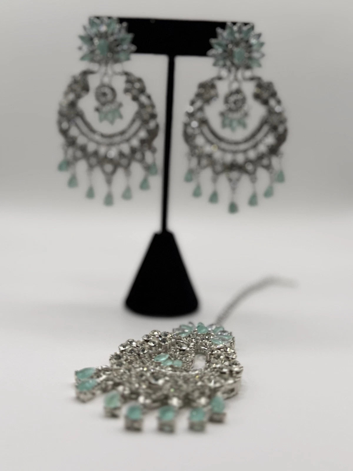 Mint Green Crystal Chandbali Earrings and Tikka