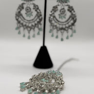 Mint Green Crystal Chandbali Earrings and Tikka