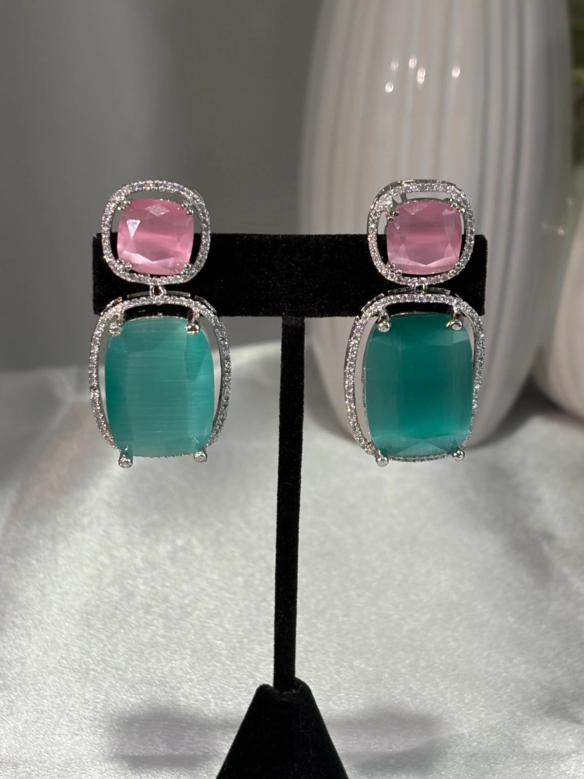 Pink Teal CZ Drop Earrings Silver Tone Statement Fashion Jewelry