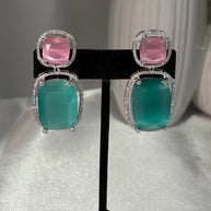 Pink Teal CZ Drop Earrings Silver Tone Statement Fashion Jewelry