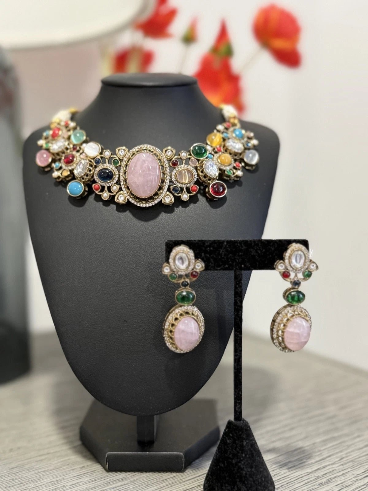 Sabyasachi Inspired Necklace Earrings Set | Pink Stone Multicolor Gem Bridal Jew