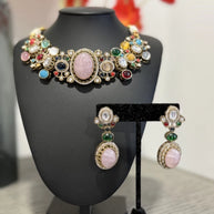 Sabyasachi Inspired Necklace Earrings Set | Pink Stone Multicolor Gem Bridal Jew