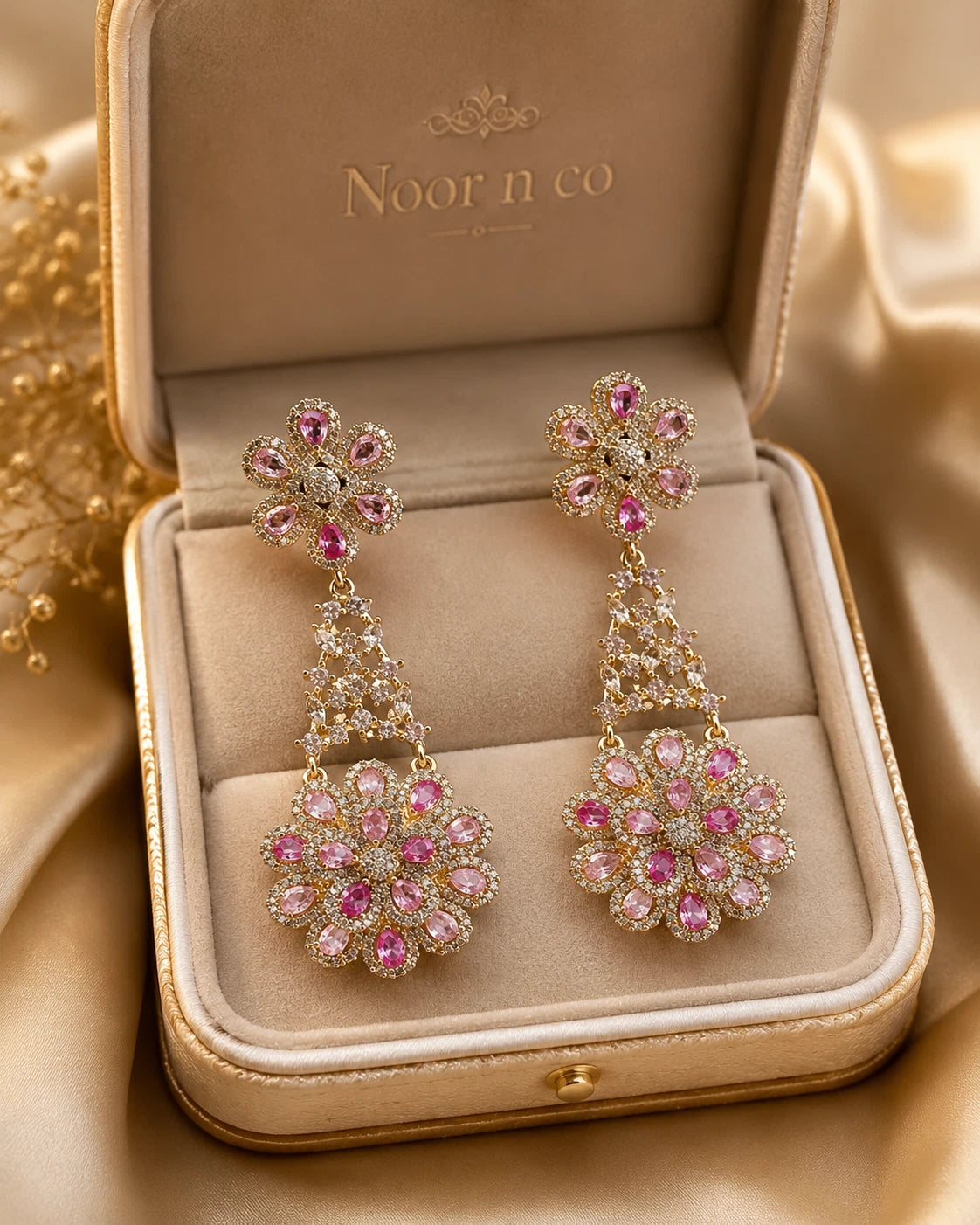 Pink Floral CZ Gold Tone Chandelier Earrings Pakistani Indian Bridal Jewelry