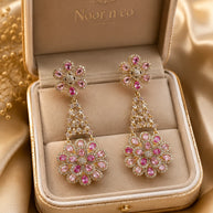 Pink Floral CZ Gold Tone Chandelier Earrings Pakistani Indian Bridal Jewelry
