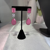 Pink CZ Silver Tone Drop Earrings Indian Pakistani Statement Jewelry