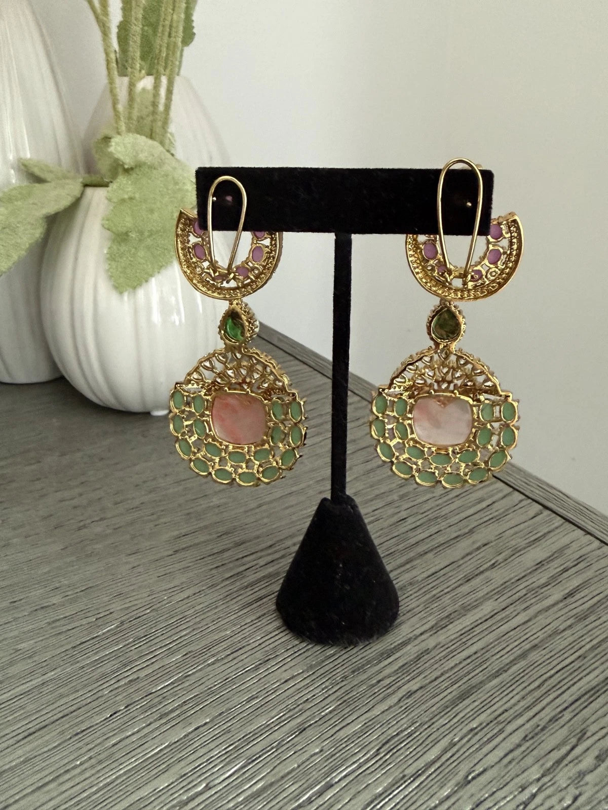 Luxury Pink & Green Statement Earrings | Pakistani Jewelry | Bridal Earrings