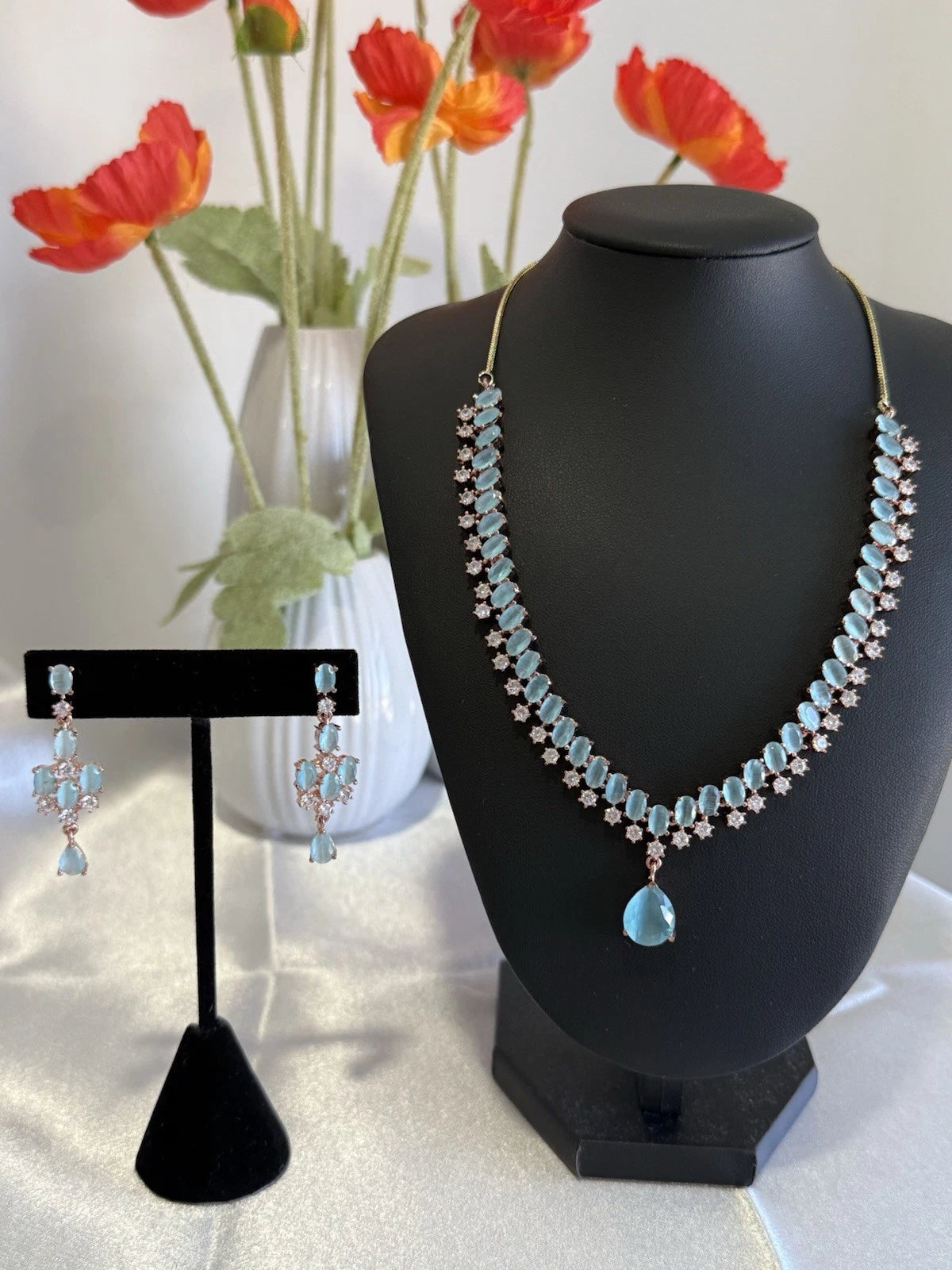 Aqua Blue Crystal Necklace & Earrings Set Rose Gold Tone Jewelry