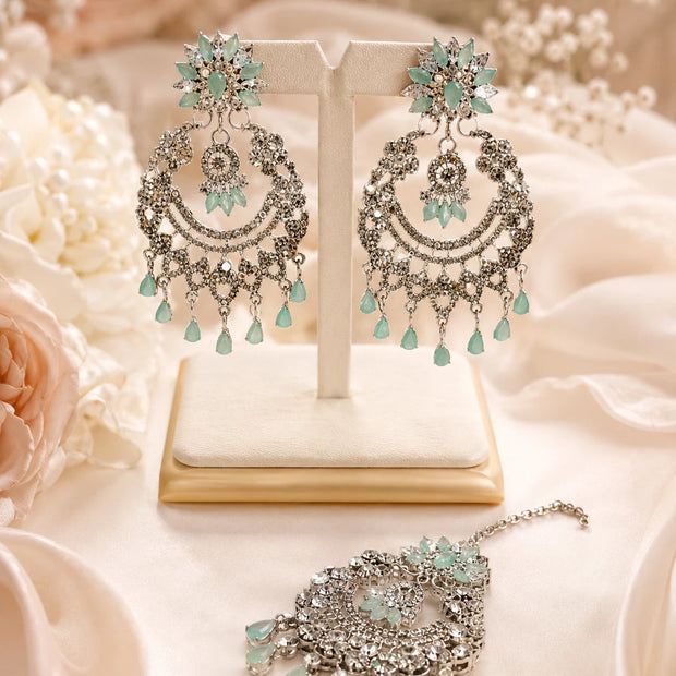 Mint Green Crystal Chandbali Earrings and Tikka