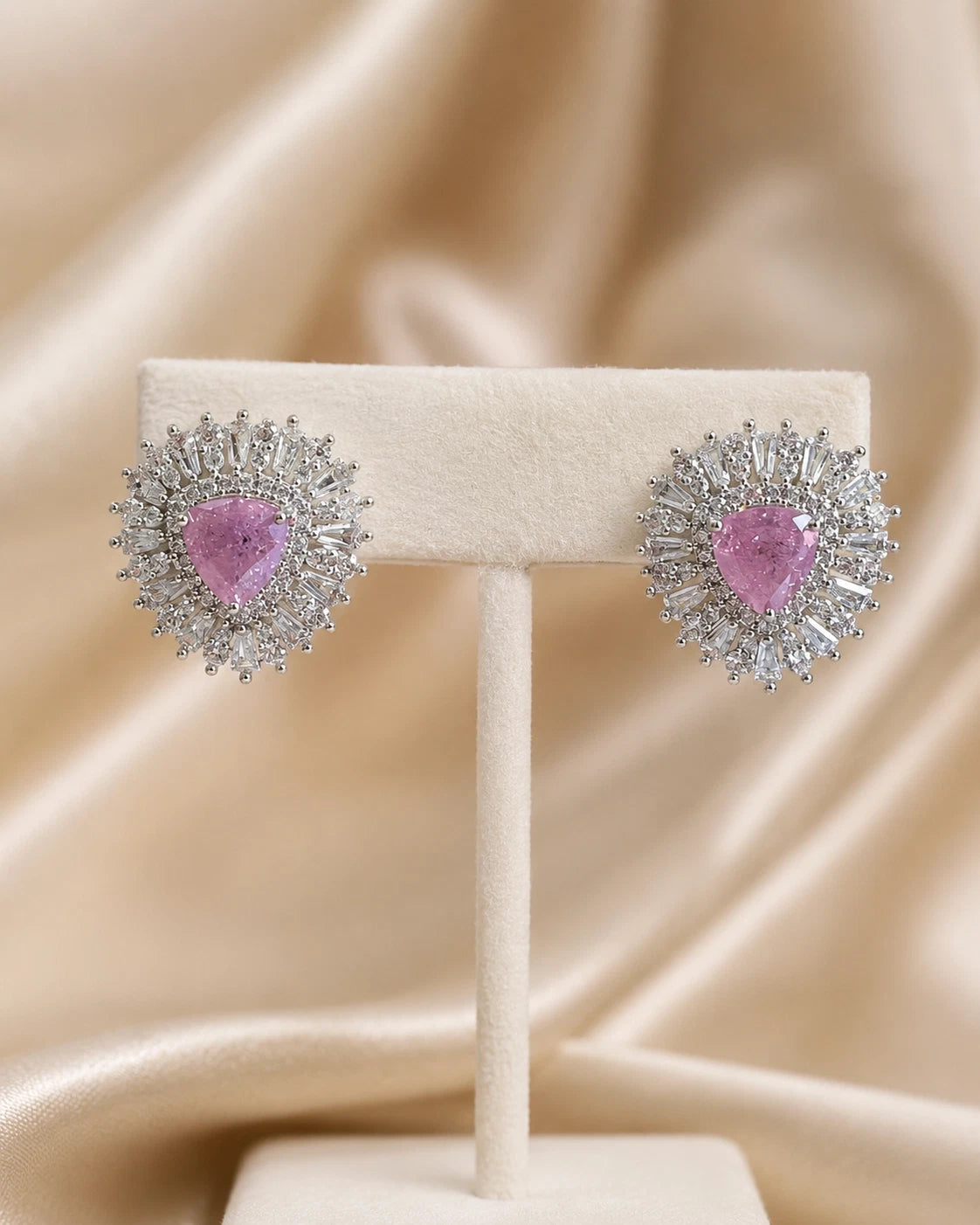 Pink & Green Stone Halo Stud Earrings Silver Tone CZ Statement Jewelry