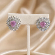 Pink & Green Stone Halo Stud Earrings Silver Tone CZ Statement Jewelry