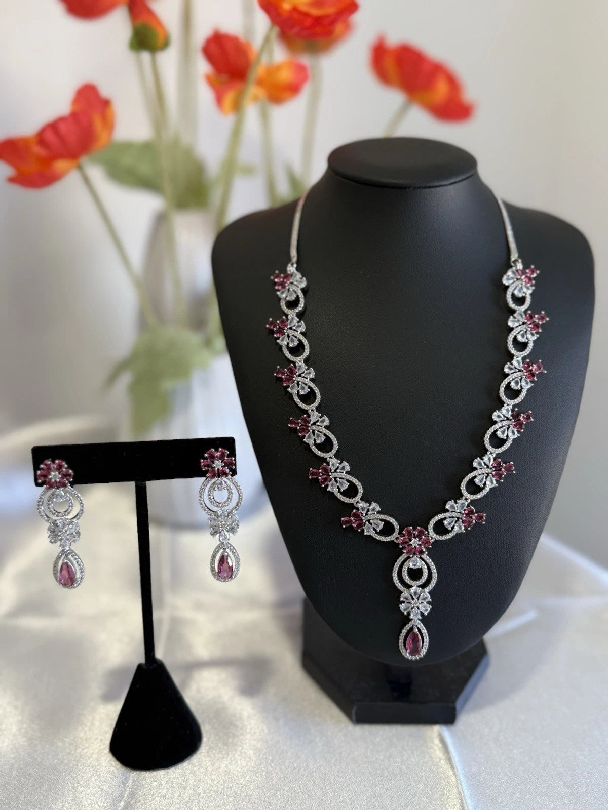 Pink Crystal CZ Necklace & Earrings Set Silver Tone Wedding Jewelry