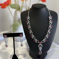 Pink Crystal CZ Necklace & Earrings Set Silver Tone Wedding Jewelry