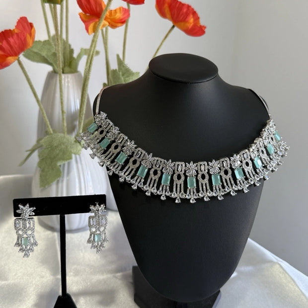 Mint Green CZ Choker Necklace Earrings Set Silver Tone Pakistani Jewelry