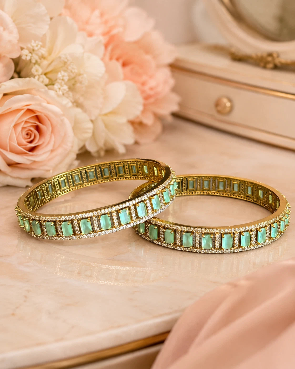 Mint Green CZ Gold Tone Bangle Bracelet Set of 2 Indian Pakistani Jewelry 2.10
