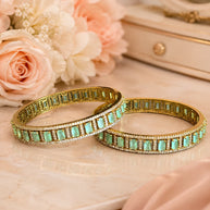 Mint Green CZ Gold Tone Bangle Bracelet Set of 2 Indian Pakistani Jewelry 2.10
