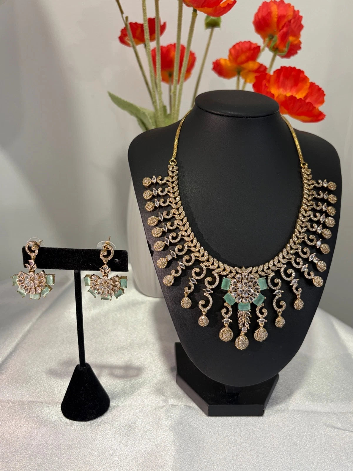 Gold Tone Mint Green CZ Necklace Earrings Set Indian Pakistani Bridal Jewelry