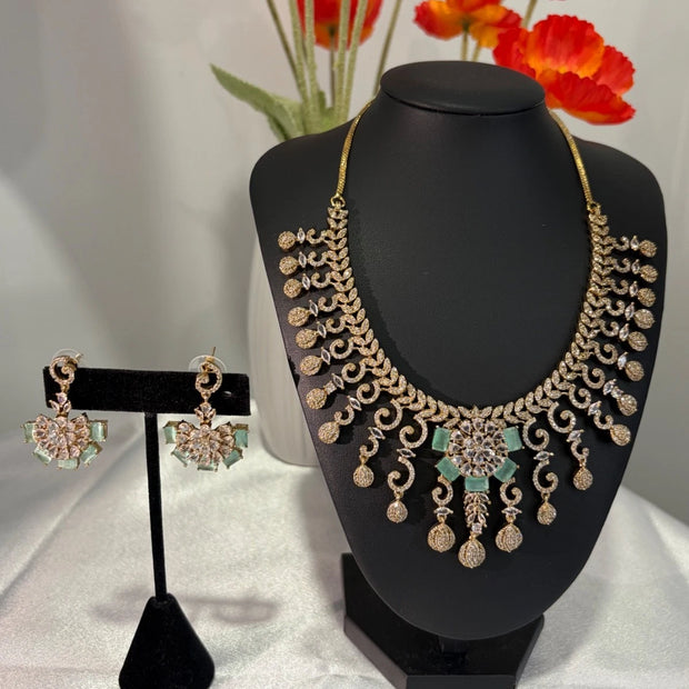 Gold Tone Mint Green CZ Necklace Earrings Set Indian Pakistani Bridal Jewelry