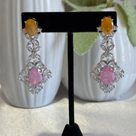 Yellow Pink CZ Silver Tone Drop Earrings Pakistani Indian Statement Jewelry