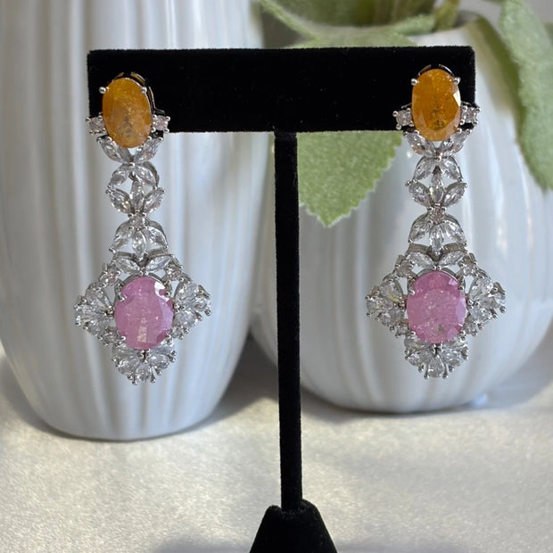 Yellow Pink CZ Silver Tone Drop Earrings Pakistani Indian Statement Jewelry