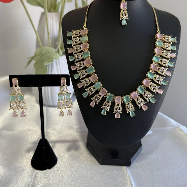 Pastel Pink Mint CZ Necklace Earrings Tikka Set Gold Tone Jewelry