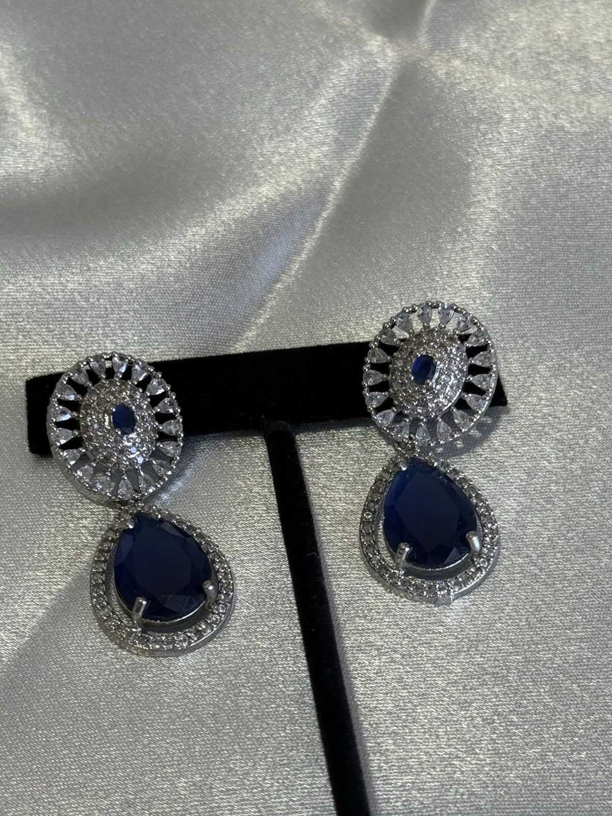Sapphire Blue CZ Teardrop Earrings Silver Tone Party Jewelry