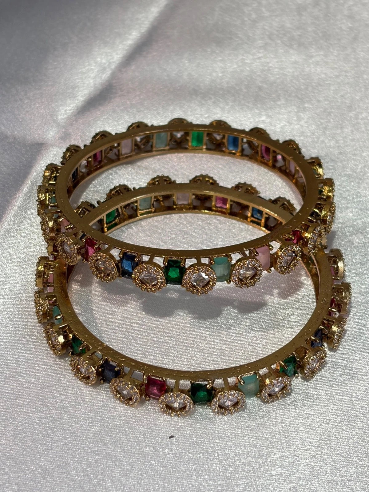 Multicolor CZ Gold Tone Bangle Set Size 2.10 Pakistani Indian Bridal Party Jewel
