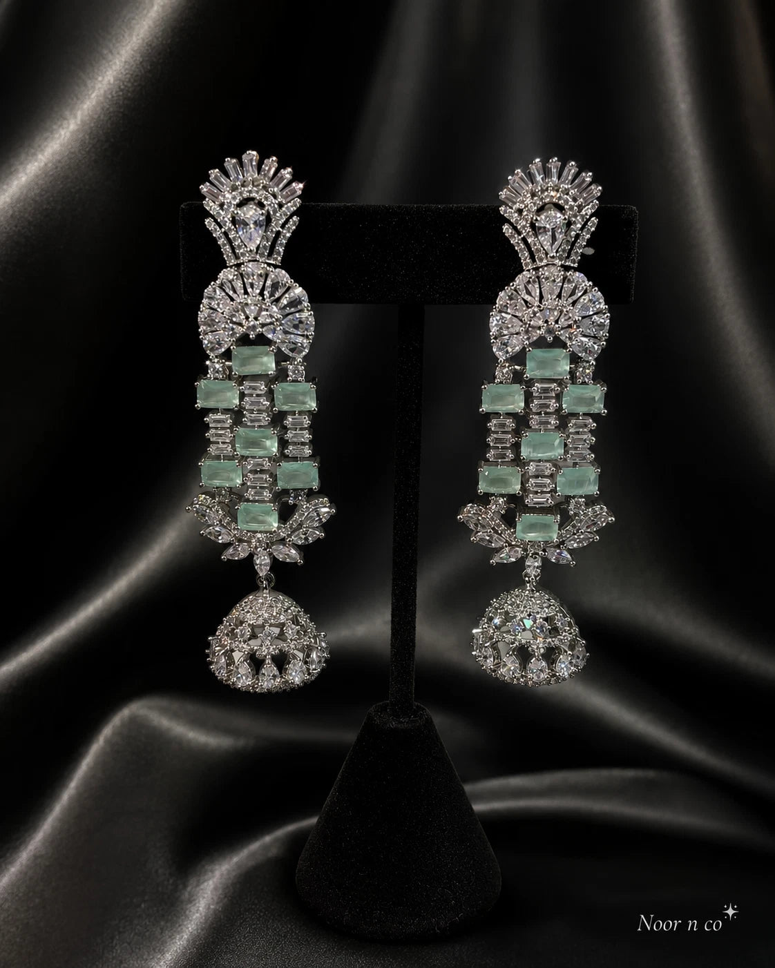 Mint Green CZ Silver Tone Chandelier Jhumka Earrings Pakistani Indian Jewelry