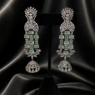 Mint Green CZ Silver Tone Chandelier Jhumka Earrings Pakistani Indian Jewelry