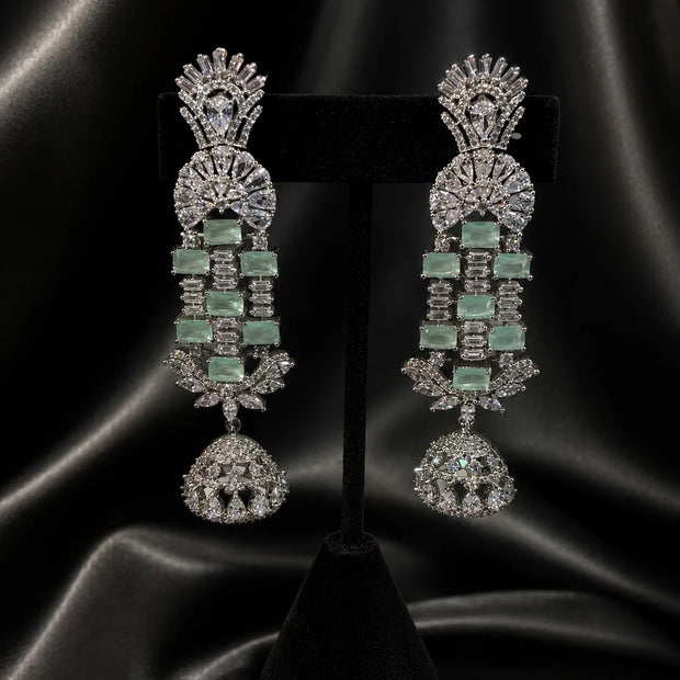 Mint Green CZ Silver Tone Chandelier Jhumka Earrings Pakistani Indian Jewelry