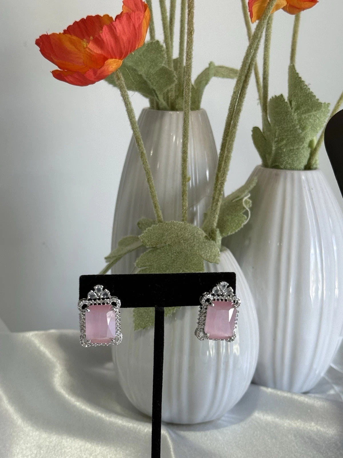 Baby Pink CZ Rectangle Stud Earrings Silver Tone Party Jewelry