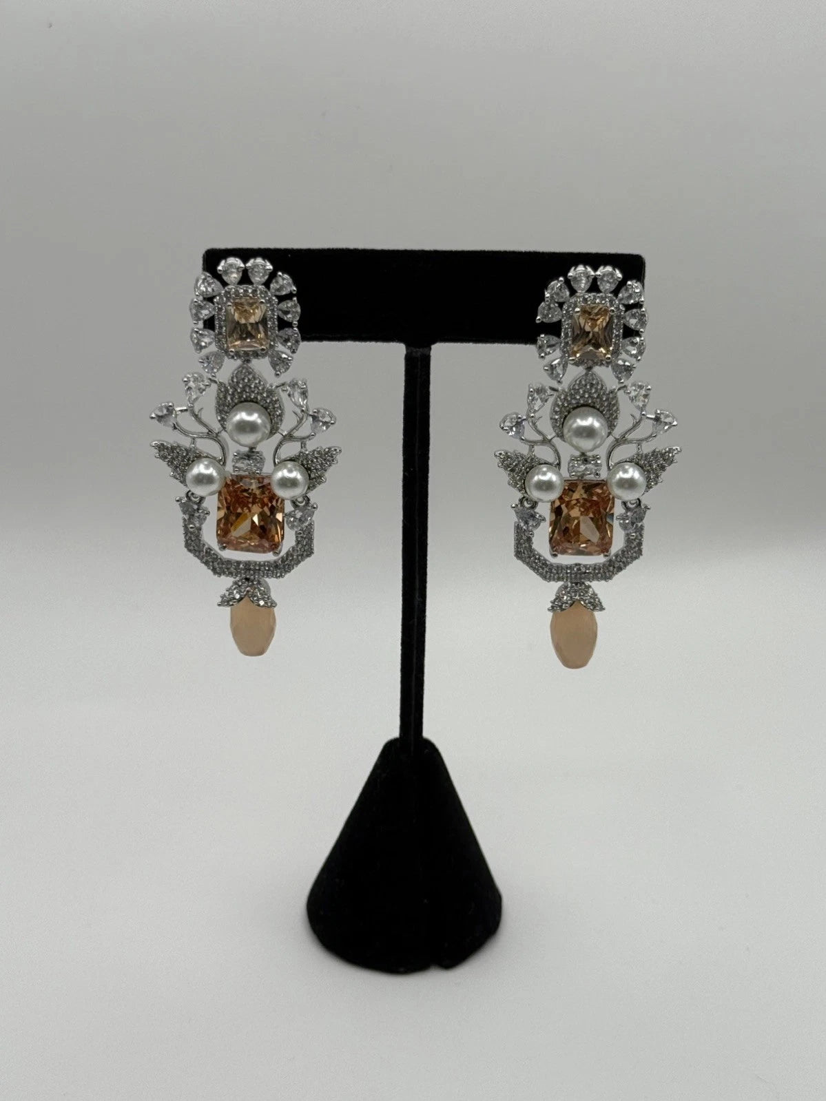 Champagne Crystal Pearl Statement Earrings – Luxury Bridal Drop Earrings