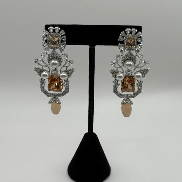 Champagne Crystal Pearl Statement Earrings – Luxury Bridal Drop Earrings