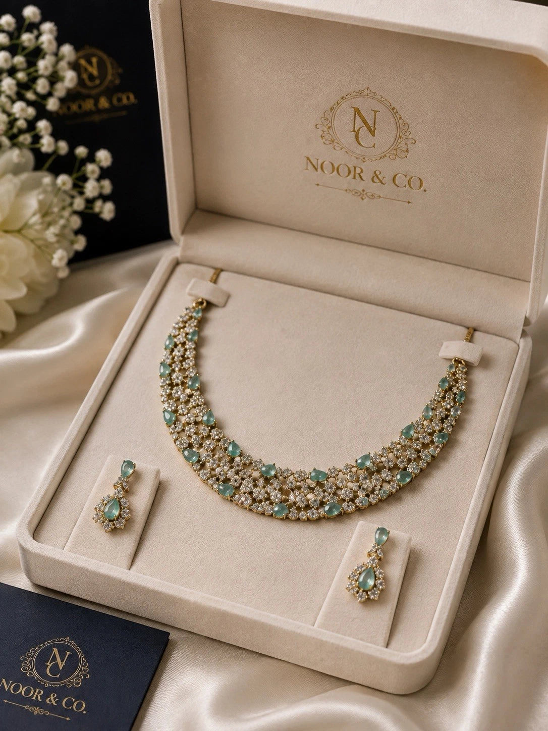 Ruby Radiance & Mint Garden American Diamond Necklace Set